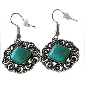 Silver-tone Faux Turquoise Stone Pierced Dangle Drop Boho Women Earrings NWOT